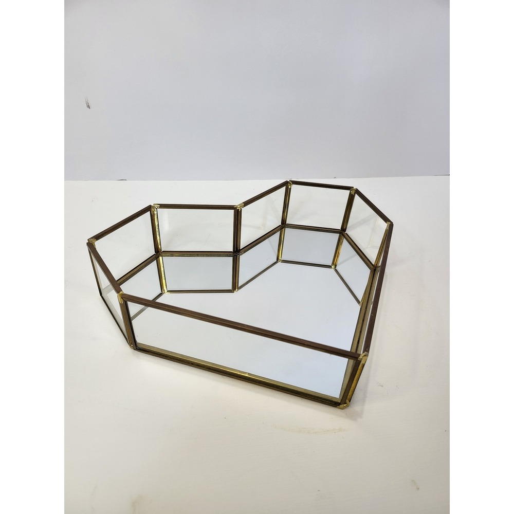 Rachel Roy Heart Shaped Glass Mirror Vanity Tray Gold Tone Metal Jewelry Dish